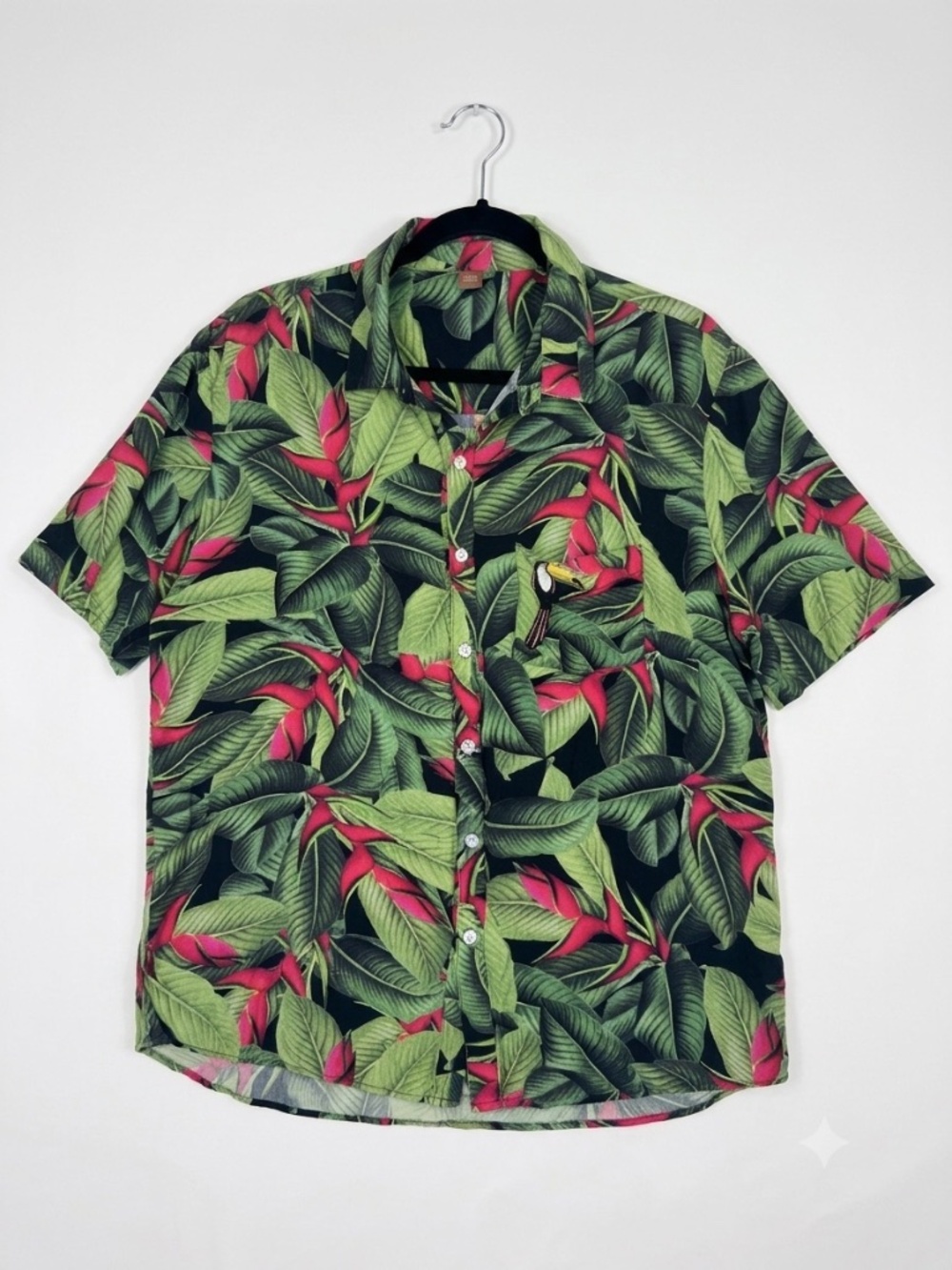 FARM Rio Tropical Green Leaf Print Shirt Toucan Pocket Viscose Men's L Resort